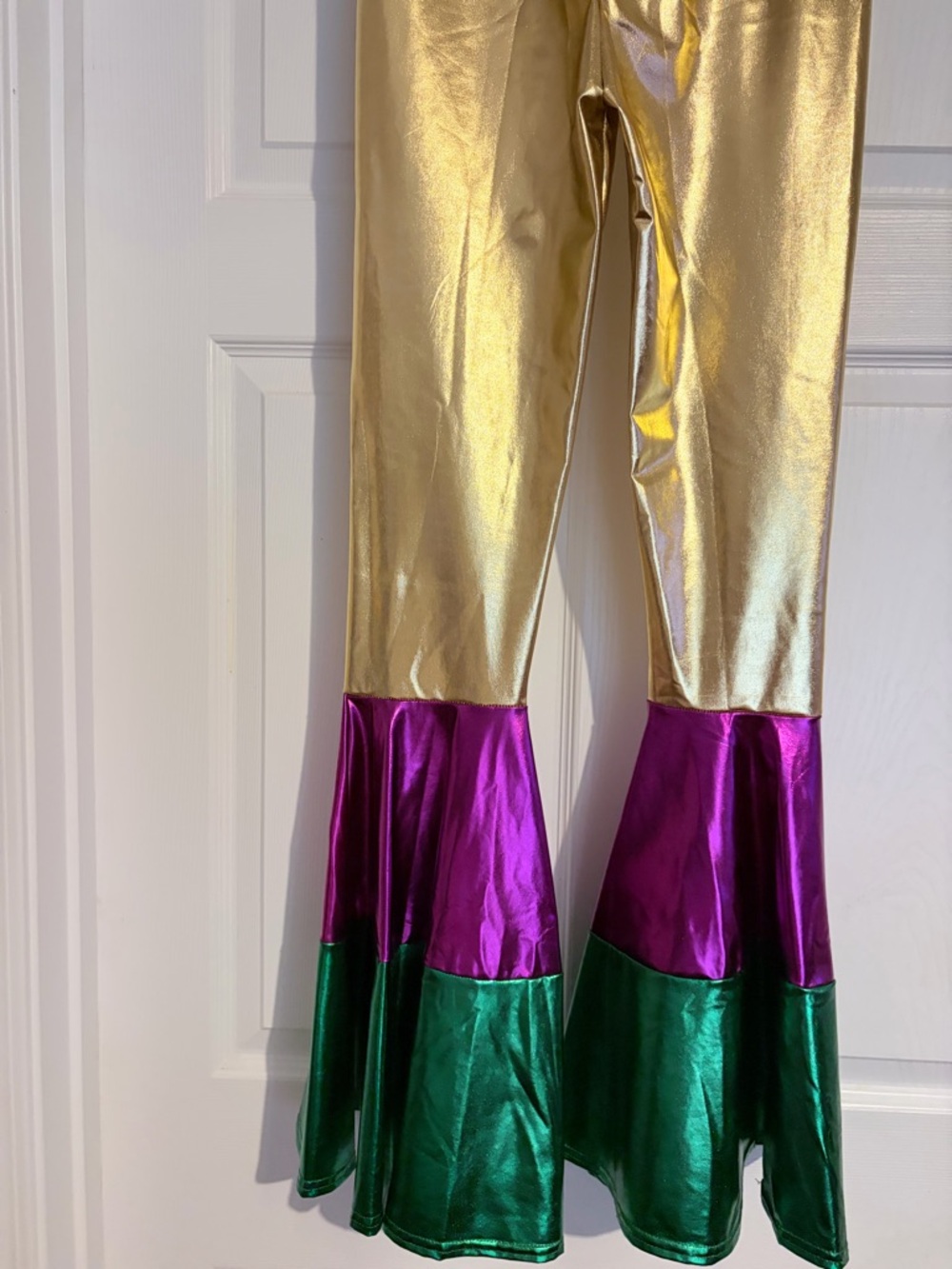 Girls Metallic Gold Flare Pants with Purple and Green Panels
